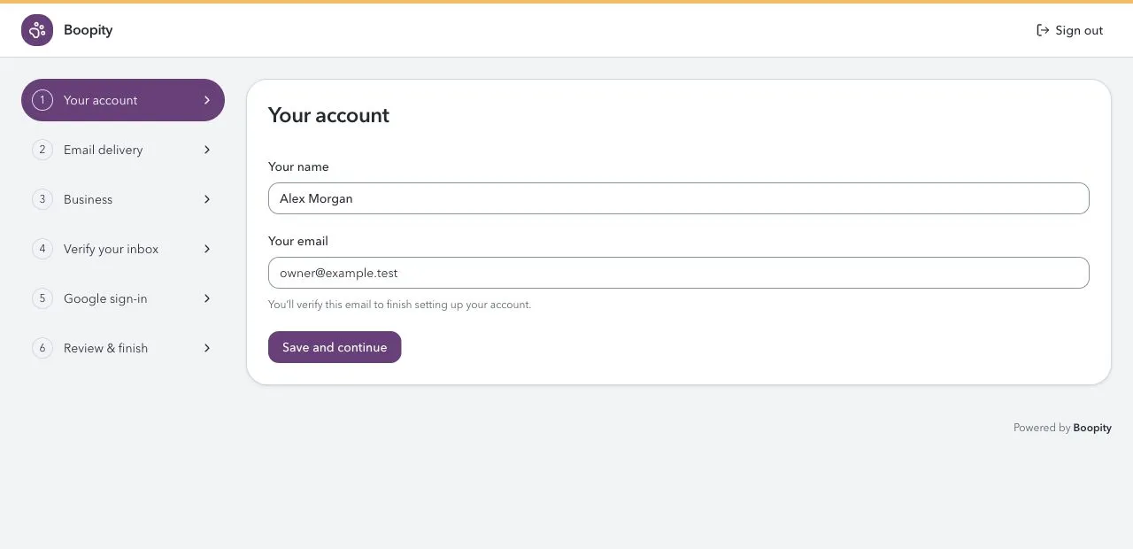 Boopity’s Your account step with Your name, Your email, and Save and continue.