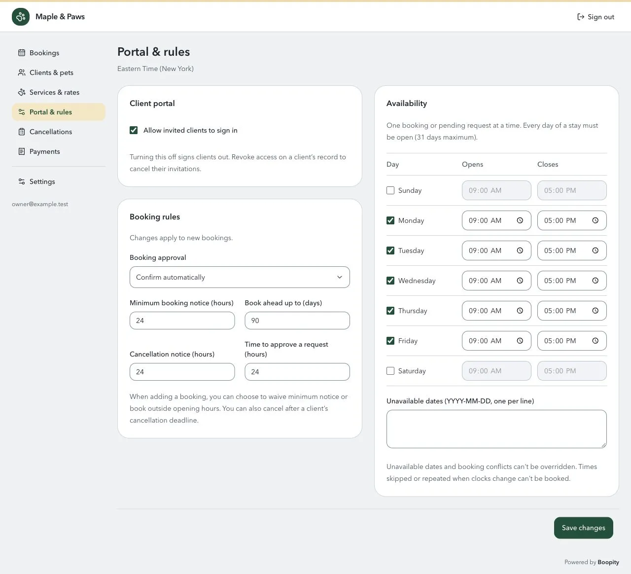 Portal and rules settings showing booking approval, notice periods, and weekday availability.