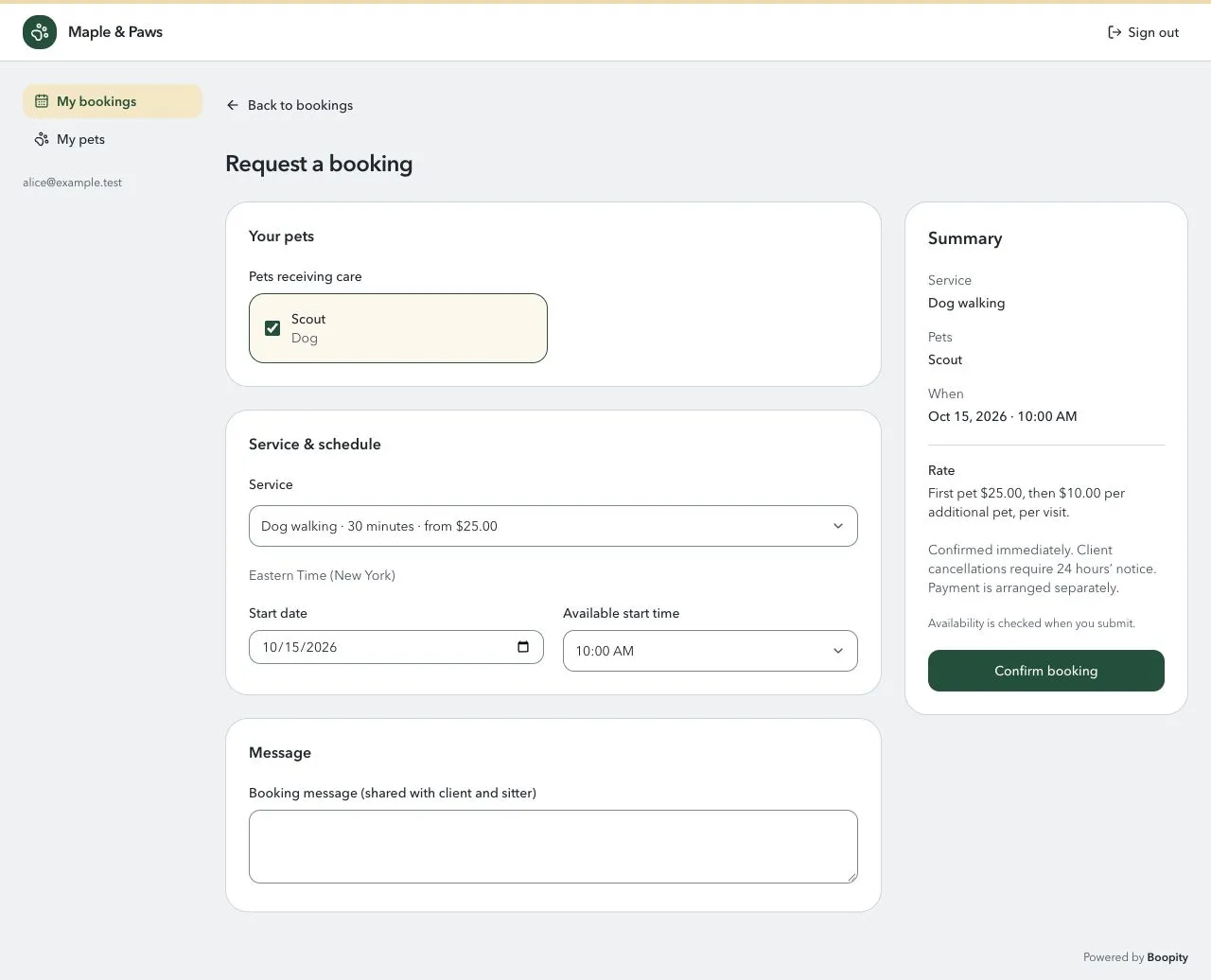The client booking form with Scout selected for a dog walk, an available time, and a summary of the rate and cancellation notice.