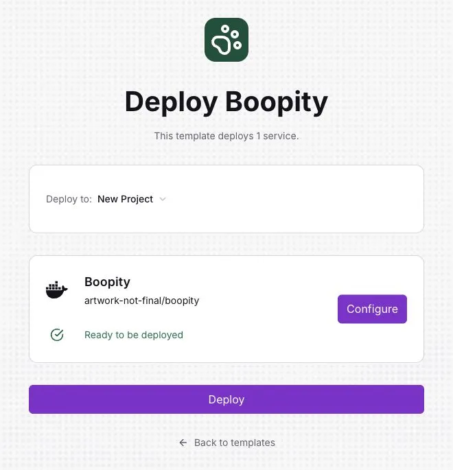 Railway’s Deploy Boopity screen with New Project selected, the service ready to be deployed, and a Deploy button.