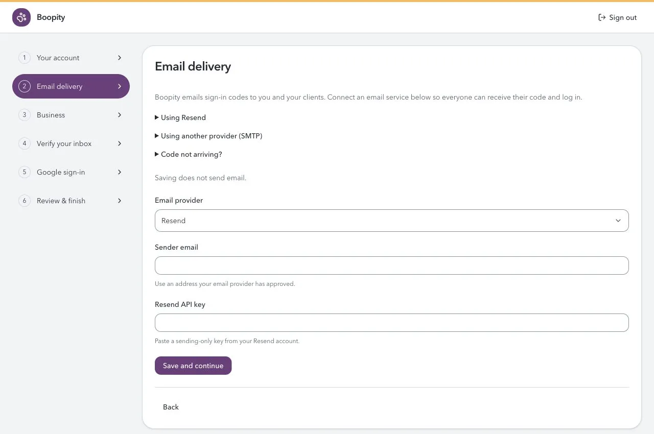 Email delivery with Resend selected and empty Sender email and Resend API key fields.