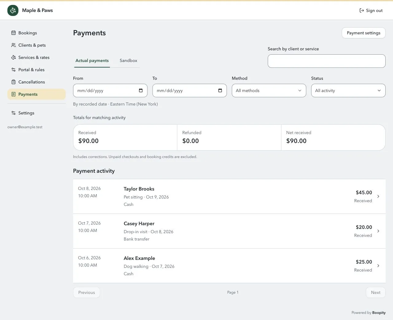 The Payments page with three fictional cash and bank-transfer records, filters, and totals received.