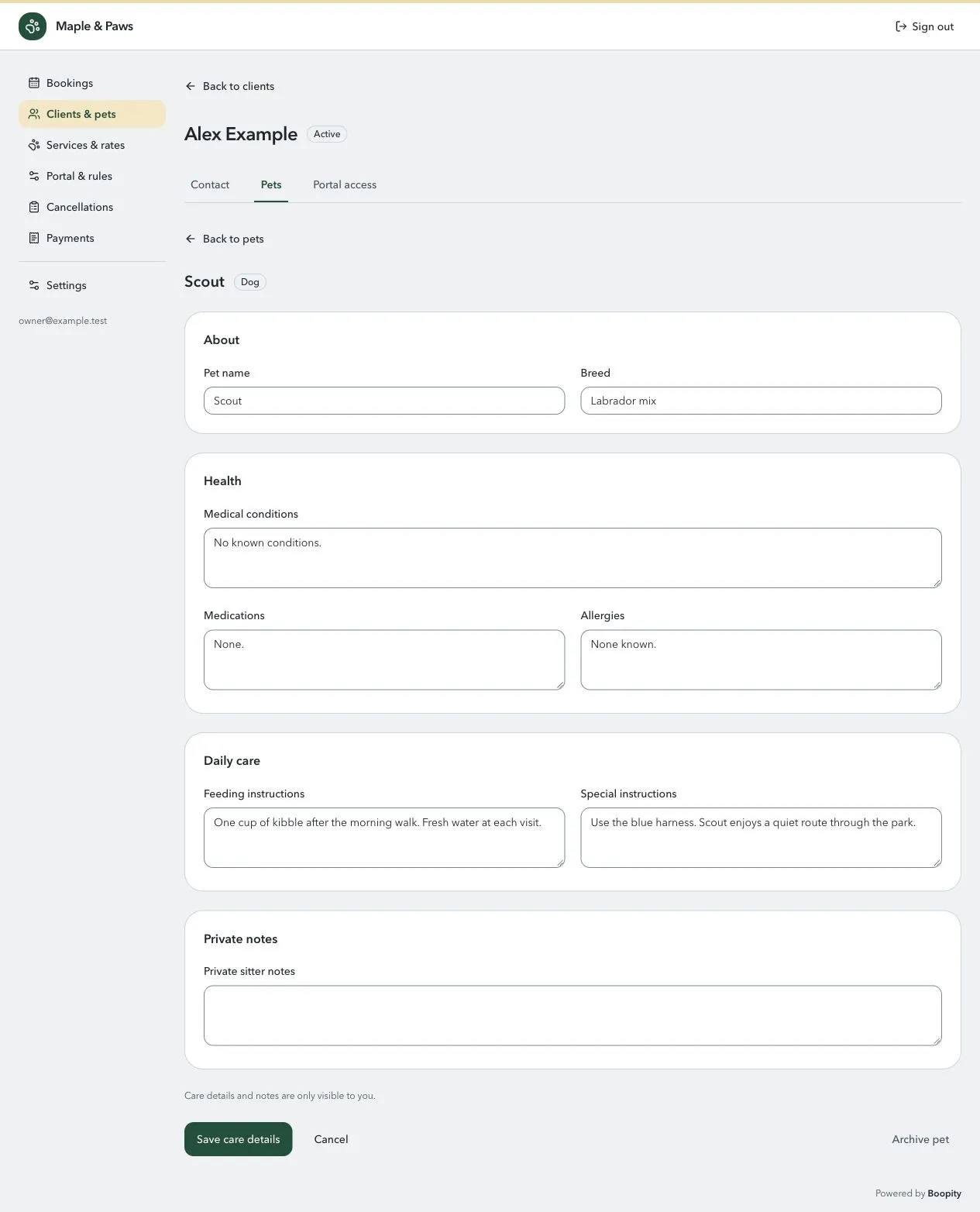 Scout’s pet record, with separate sections for health, daily care, and private sitter notes.