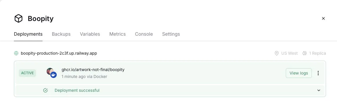 The Boopity service on Railway showing Deployment successful and the View logs button.