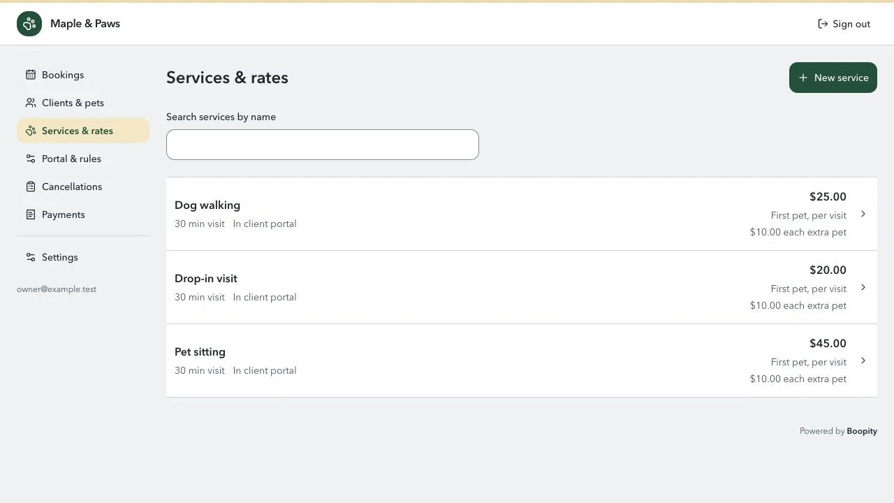 The Services and rates page showing Dog walking, Drop-in visit, and Pet sitting with their prices.