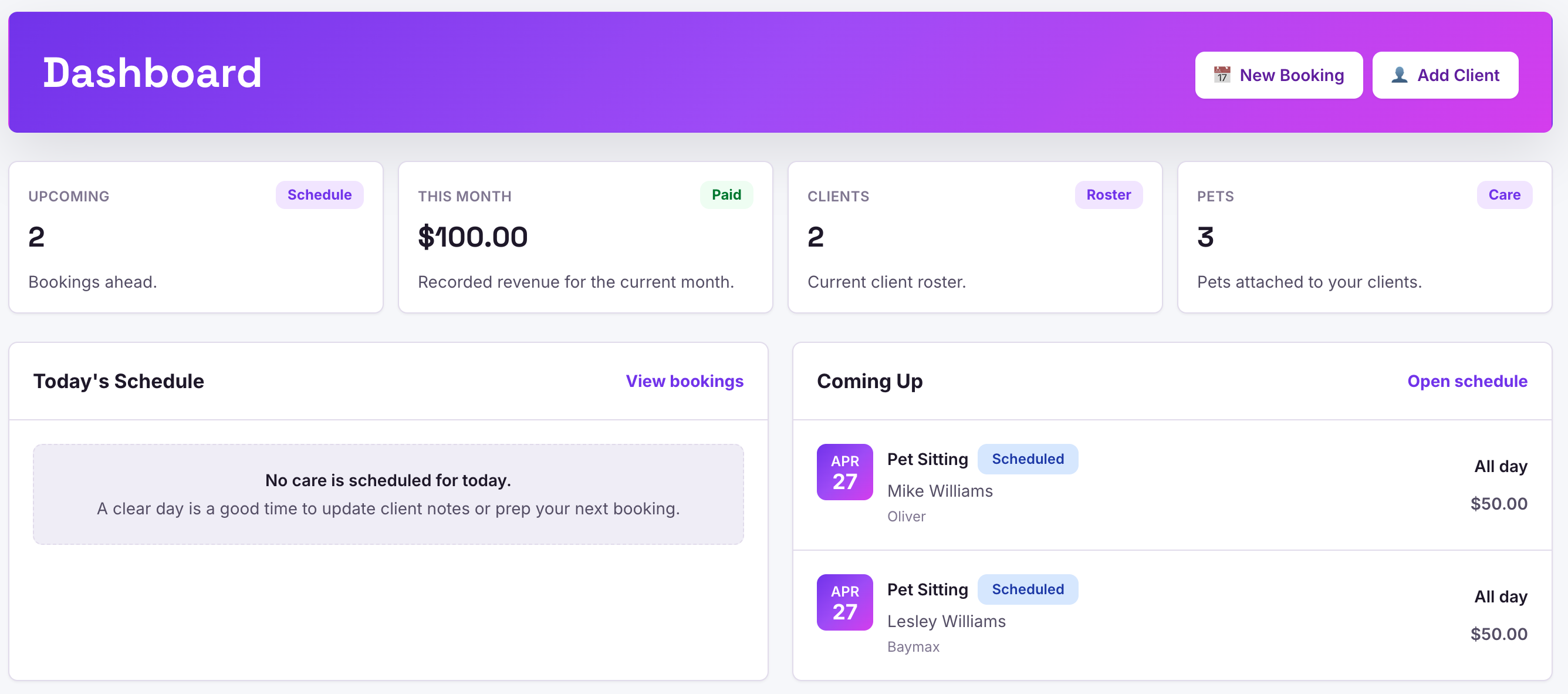 Boopity sitter dashboard with schedule, client, pet, and payment details