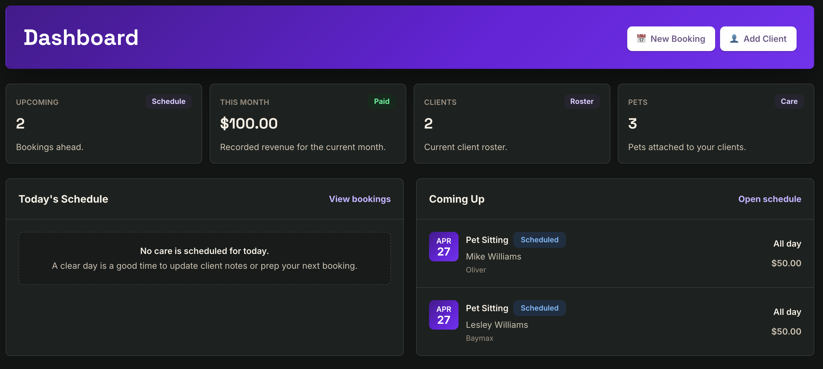 Boopity sitter dashboard with schedule, client, pet, and payment details in dark mode